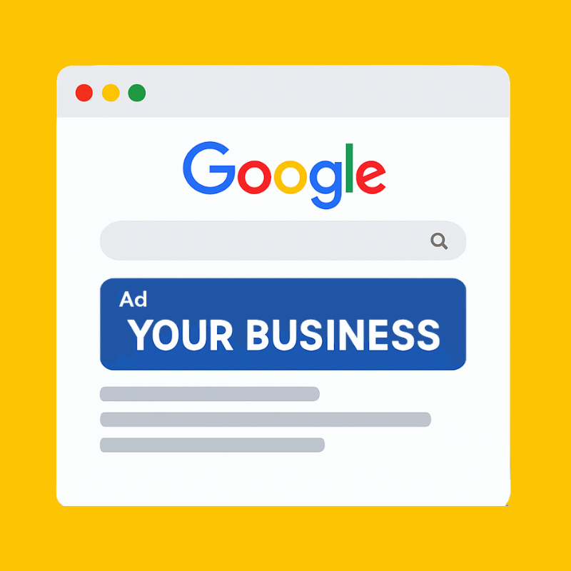 Google Ads – Search Brand Campaign Illustration Google Search result page highlighting branded ad for “Your Business” – Search Brand Campaign illustration.
