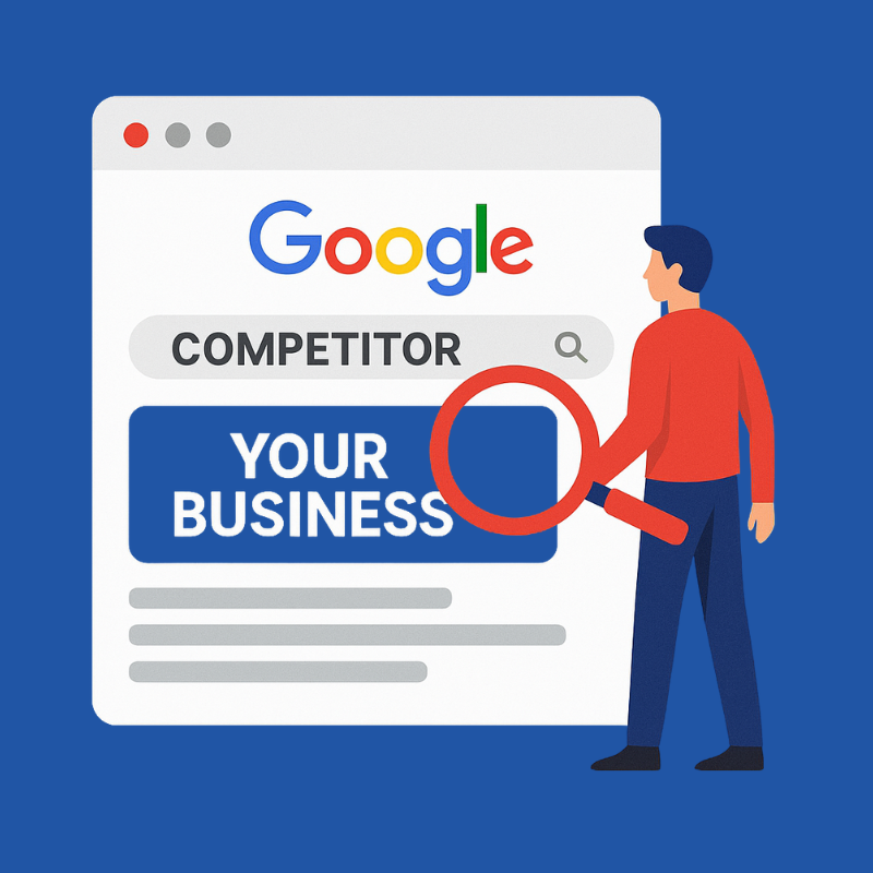 Google Ads – Competitor Search Campaign Visual Competitor name search with ad redirecting to your business – Search Competitor Campaign illustration.